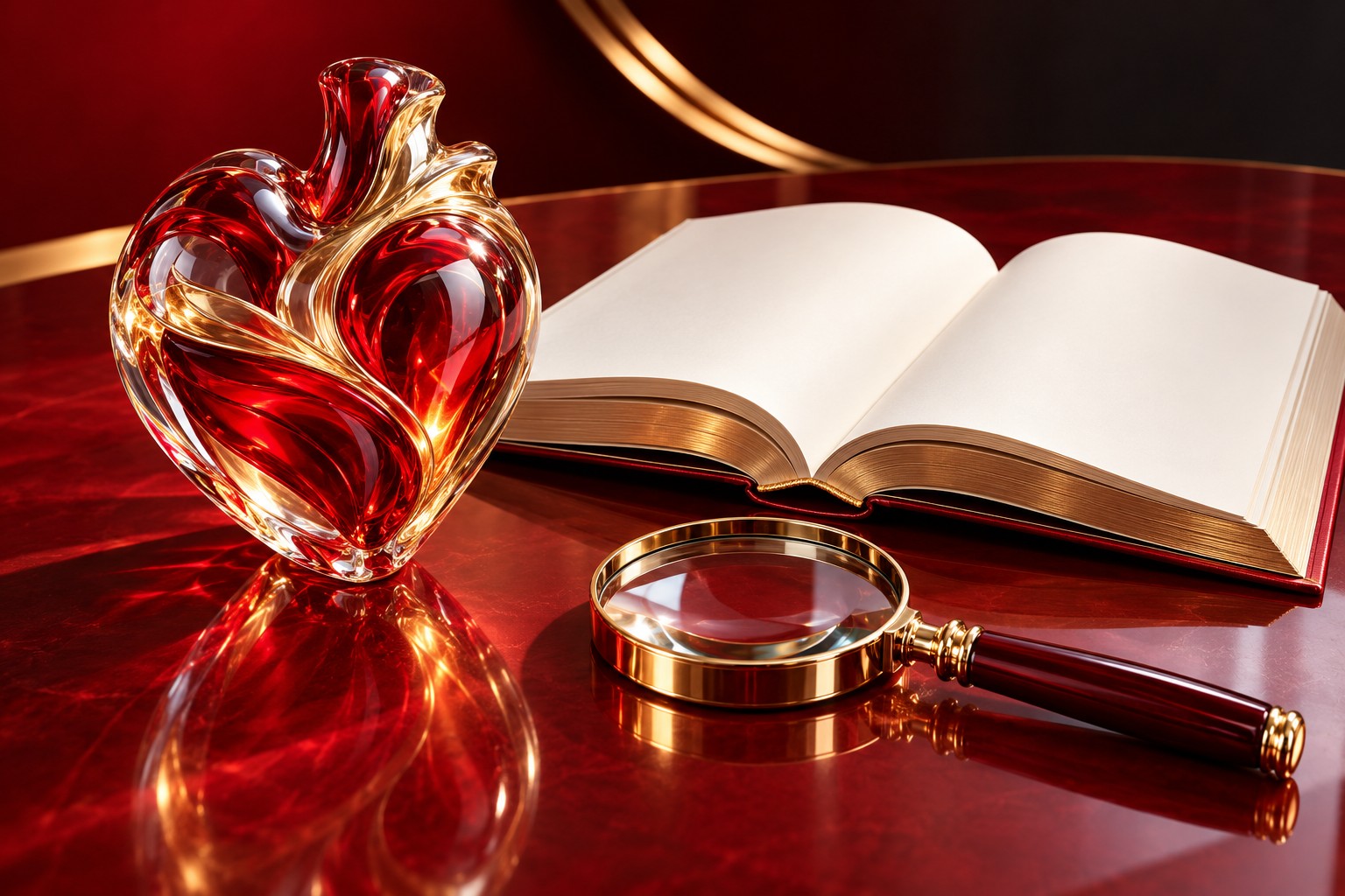Original glass heart, blank book, and magnifying lens representing thoughtful medical learning